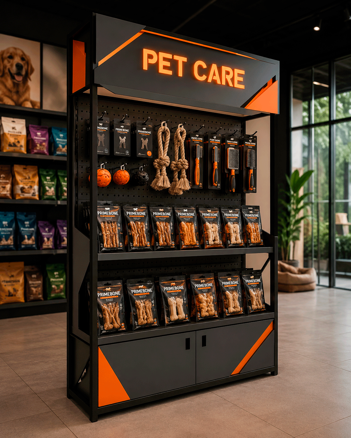Expositor Pet Care com painel perfurado